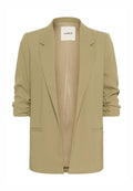 Olivgrüner Blazer mit hochgeschlagenen Ärmeln, einer vorderen Tasche, offenem Design und aus glattem Stoff hergestellt, ungefüttertes Innenfutter.