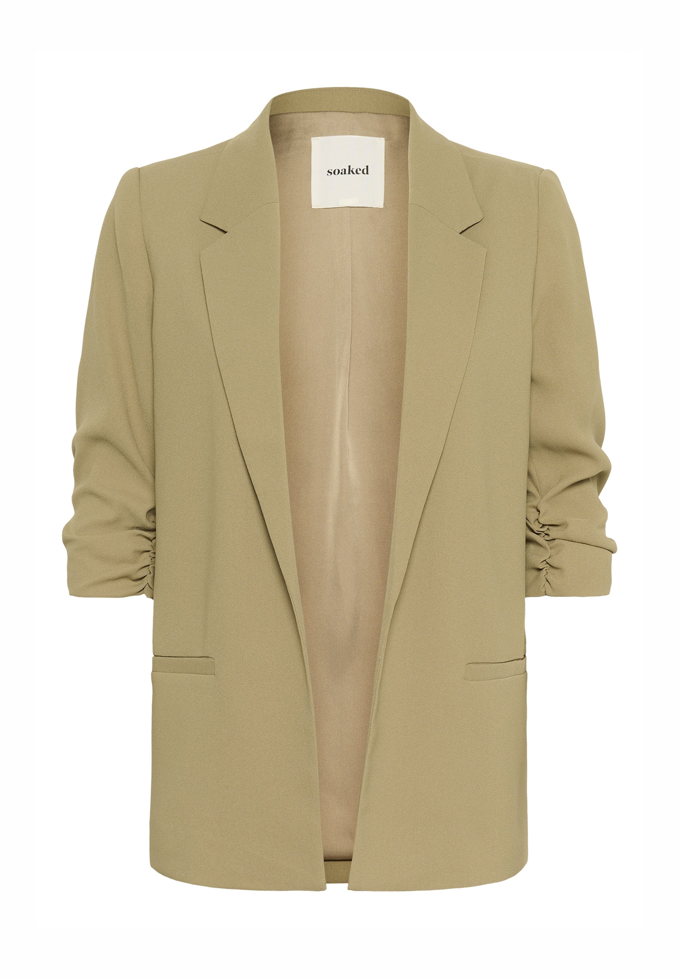 Olivgrüner Blazer mit hochgeschlagenen Ärmeln, einer vorderen Tasche, offenem Design und aus glattem Stoff hergestellt, ungefüttertes Innenfutter.