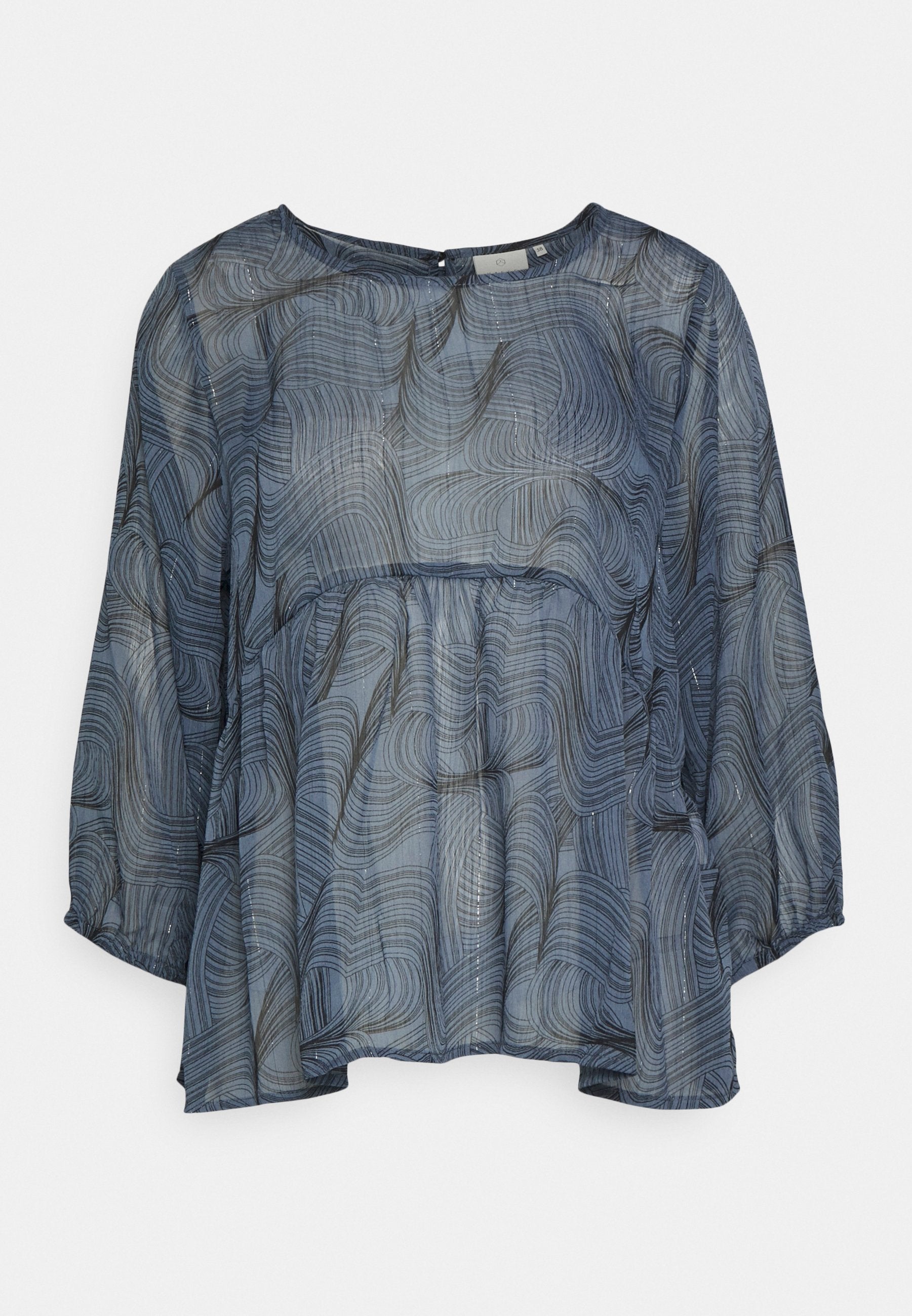 Blaues durchsichtige Bluse mit einem wellenförmigen Muster, runder Ausschnitt und Dreiviertelärmeln. Verfügt über eine geraffte Taille für eine lockere Passform.