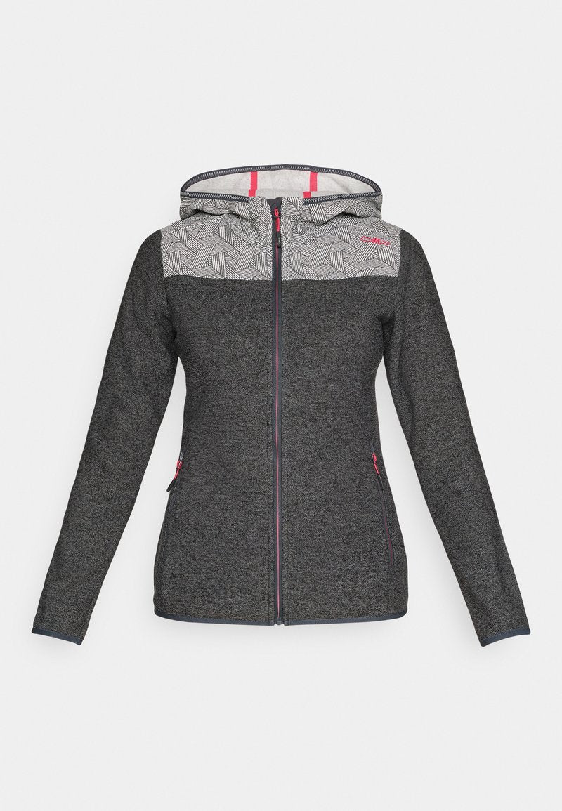 Dunkelgrauer Kapuzenpullover mit Reißverschluss, geometrisch gemustertem Schulterbereich, zwei Taschen mit pinkfarbenem Reißverschluss und angenähter Kapuze mit pinkfarbenen Innenstreifen.