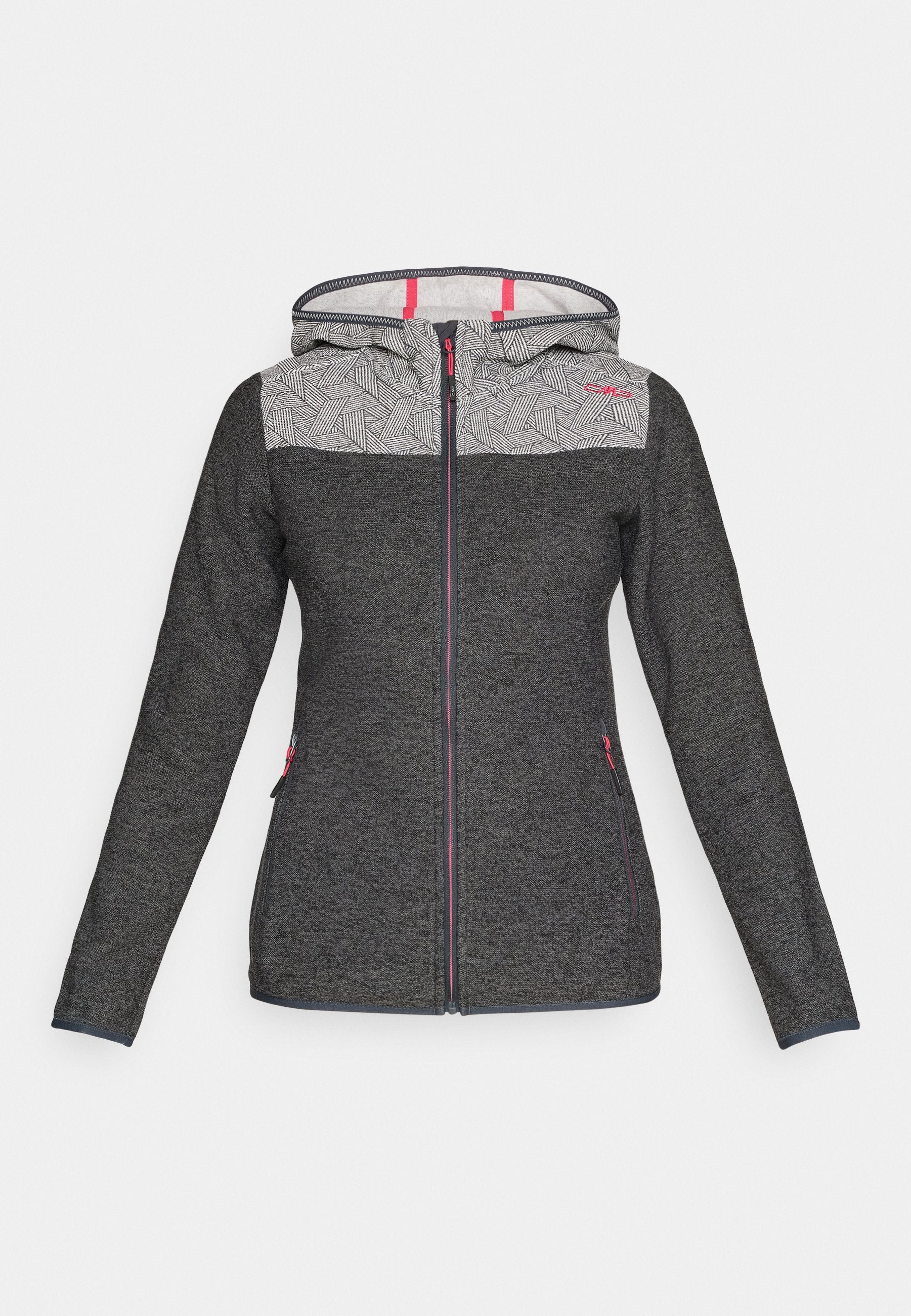 Dunkelgrauer Kapuzenpullover mit Reißverschluss, geometrisch gemustertem Schulterbereich, zwei Taschen mit pinkfarbenem Reißverschluss und angenähter Kapuze mit pinkfarbenen Innenstreifen.