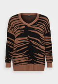 Braun und schwarz gestreifter Pullover aus weichem Strick, mit V-Ausschnitt und lockerer Passform, sowie gerippten Bündchen und Saum.
