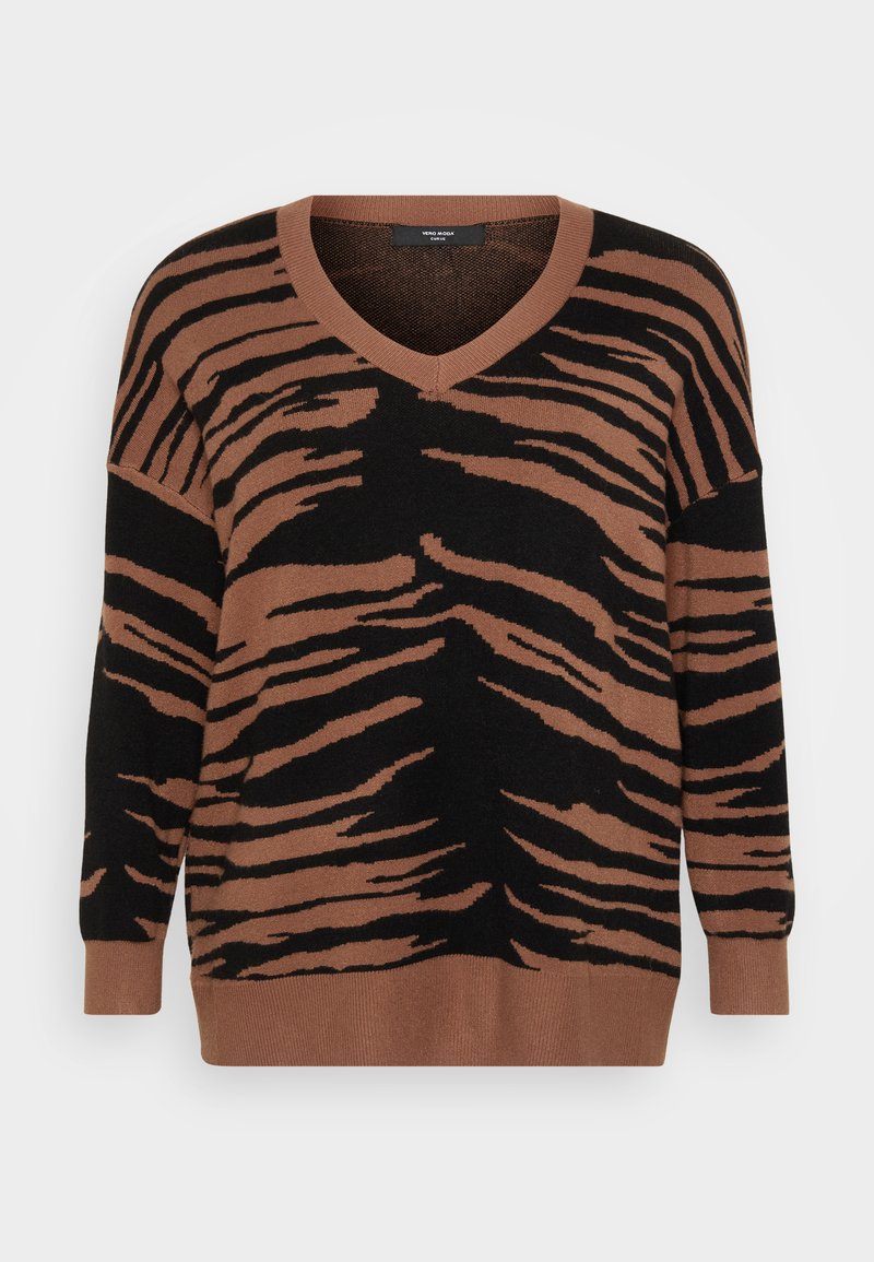 Braun und schwarz gestreifter Pullover aus weichem Strick, mit V-Ausschnitt und lockerer Passform, sowie gerippten Bündchen und Saum.