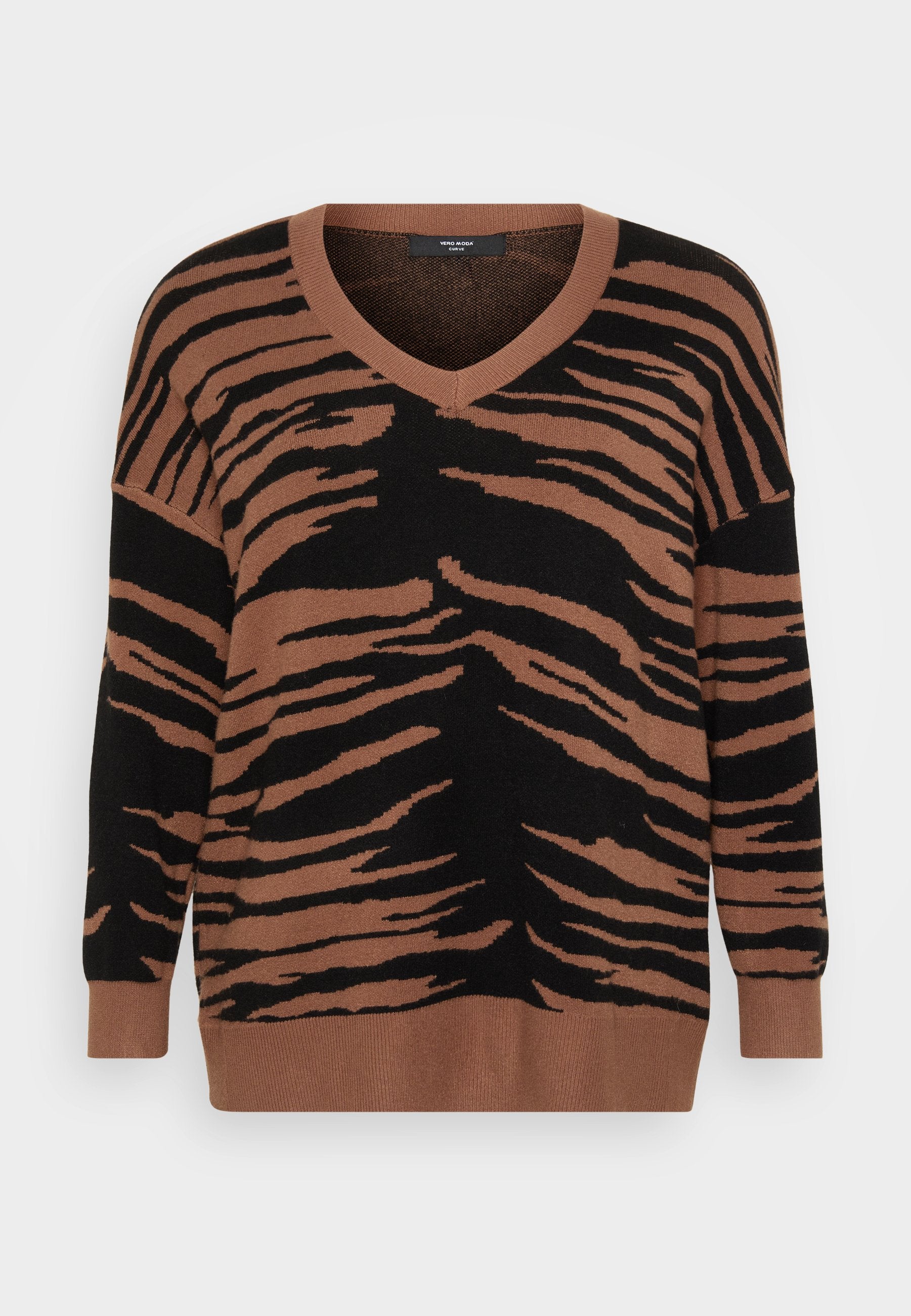 Braun und schwarz gestreifter Pullover aus weichem Strick, mit V-Ausschnitt und lockerer Passform, sowie gerippten Bündchen und Saum.