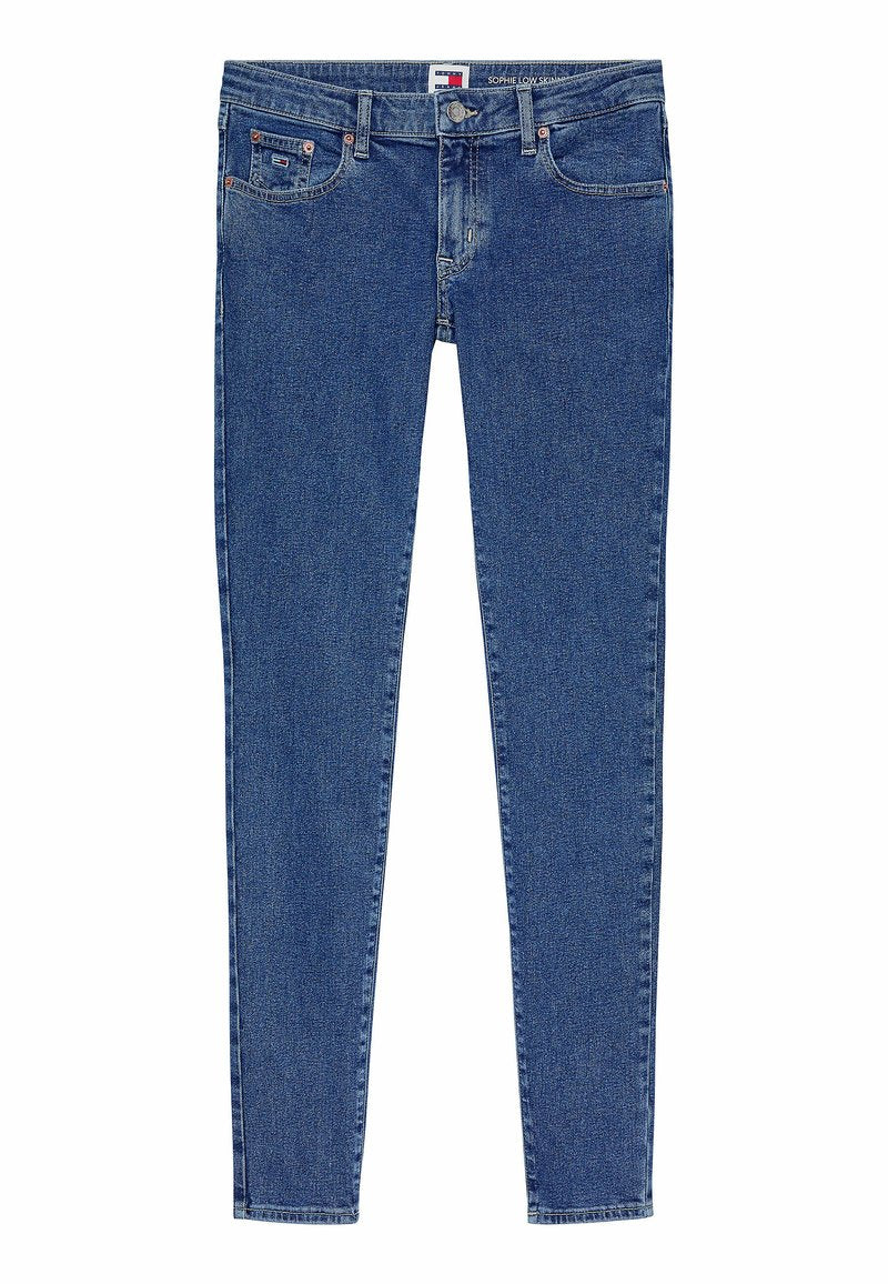 Schlanke Jeans aus dunkelblauem Denim, mit slim fit, vier Taschen und hellen Nähten. Der Bund hat einen Knopf- und Reißverschluss.