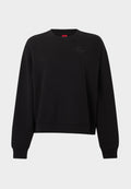Schwarzes Sweatshirt mit langen Ärmeln, Rundhalsausschnitt, gerippten Bündchen und Saum, mit dezentem, eingeprägtem "Hugo"-Logo auf der Brust.