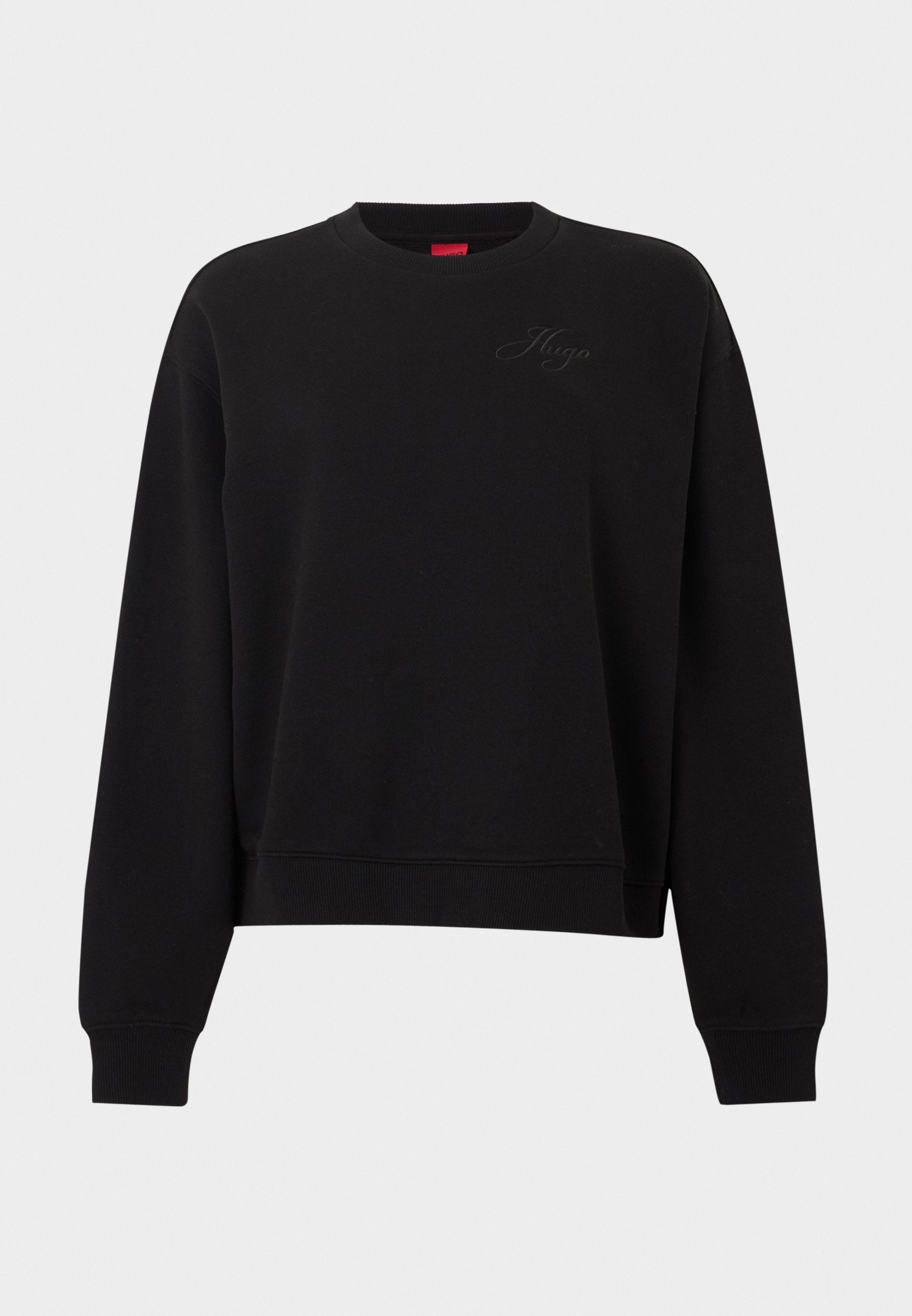 Schwarzes Sweatshirt mit langen Ärmeln, Rundhalsausschnitt, gerippten Bündchen und Saum, mit dezentem, eingeprägtem "Hugo"-Logo auf der Brust.