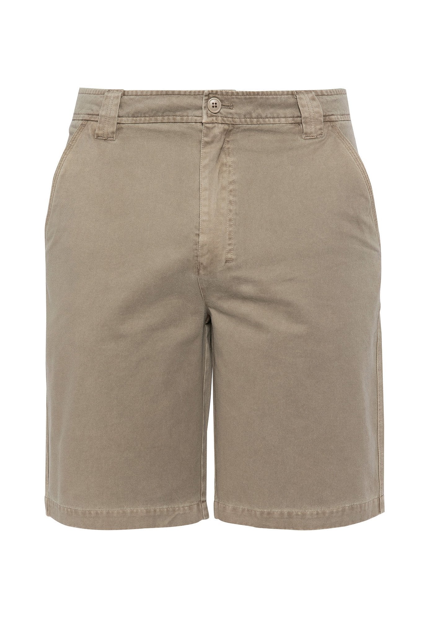 Beige Baumwollshorts mit klassischem Schnitt, Knopfverschluss, Gürtelschlaufen und Seitentaschen. Glatte Textur, schlichtes Design.