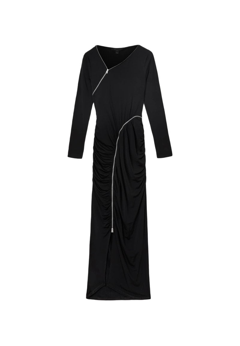 Schwarzes Langarmkleid mit V-Ausschnitt, mit seitlichen Raffungselementen und einem diagonalen Reißverschlussakzent an der Vorderseite. Glatte Stofftextur.