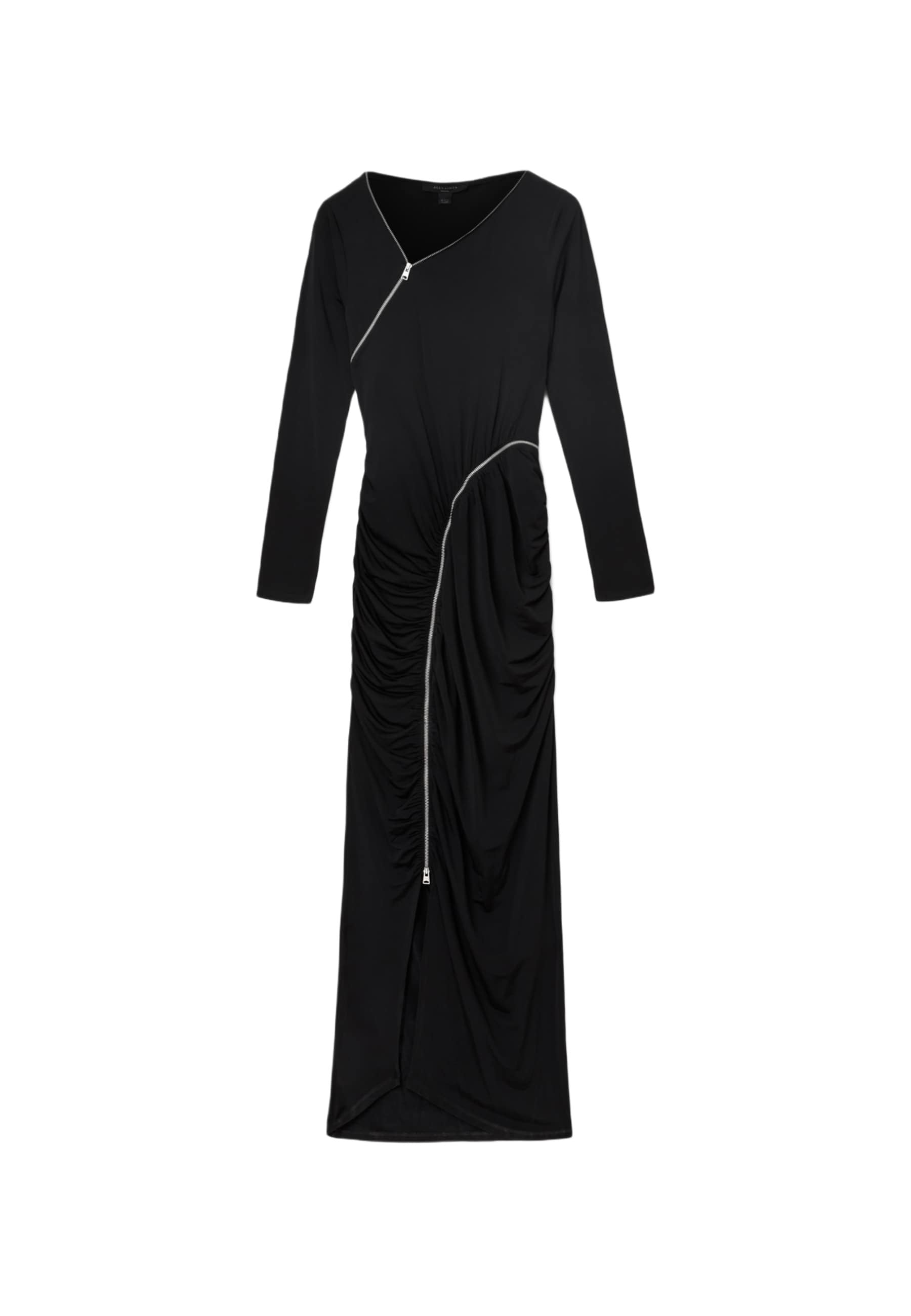 Schwarzes Langarmkleid mit V-Ausschnitt, mit seitlichen Raffungselementen und einem diagonalen Reißverschlussakzent an der Vorderseite. Glatte Stofftextur.
