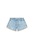 Jeansshorts in Hellblau mit einem elastischen Bund, versehen mit einer leicht abgenutzten Textur, abgerundetem Saum und minimalistischen Nähten.