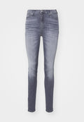 Slim-Fit graue Denim-Jeans mit ausgewaschenem Look, Frontknopfverschluss, Gürtelschlaufen und Fünf-Taschen-Design.
