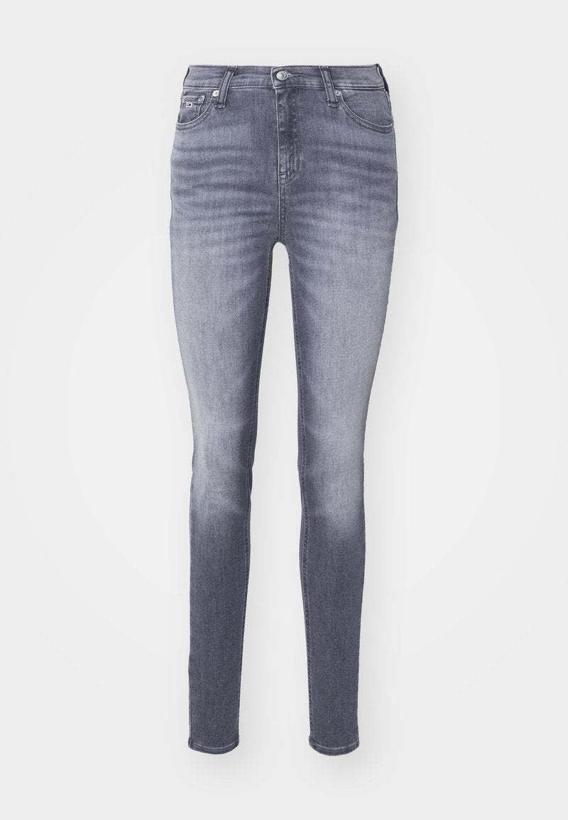 Slim-Fit graue Denim-Jeans mit ausgewaschenem Look, Frontknopfverschluss, Gürtelschlaufen und Fünf-Taschen-Design.