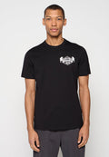 Schwarzes Baumwoll-T-Shirt mit einem weißen grafischen Logo auf der Brust. Kurzärmlig, Rundhalsausschnitt und reguläre Passform.