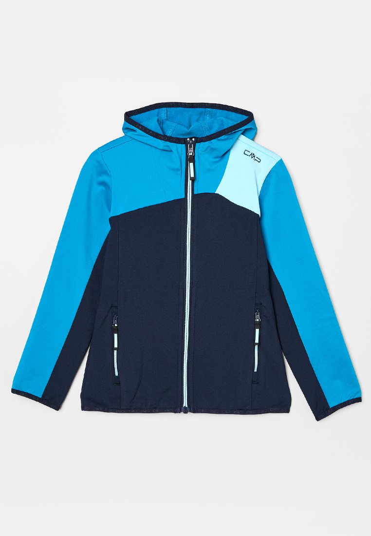 Blaues und marineblaues Reißverschlussjacke mit Kapuze, mit Color-Blocking-Design, zwei Reißverschlusstaschen und leichtem Stoff.
