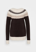 Strickpullover mit Rundpasse-Design in Beige, Schwarz und Creme. Dunkelbrauner Körper mit gerippten cremefarbenen Bündchen und Saum.