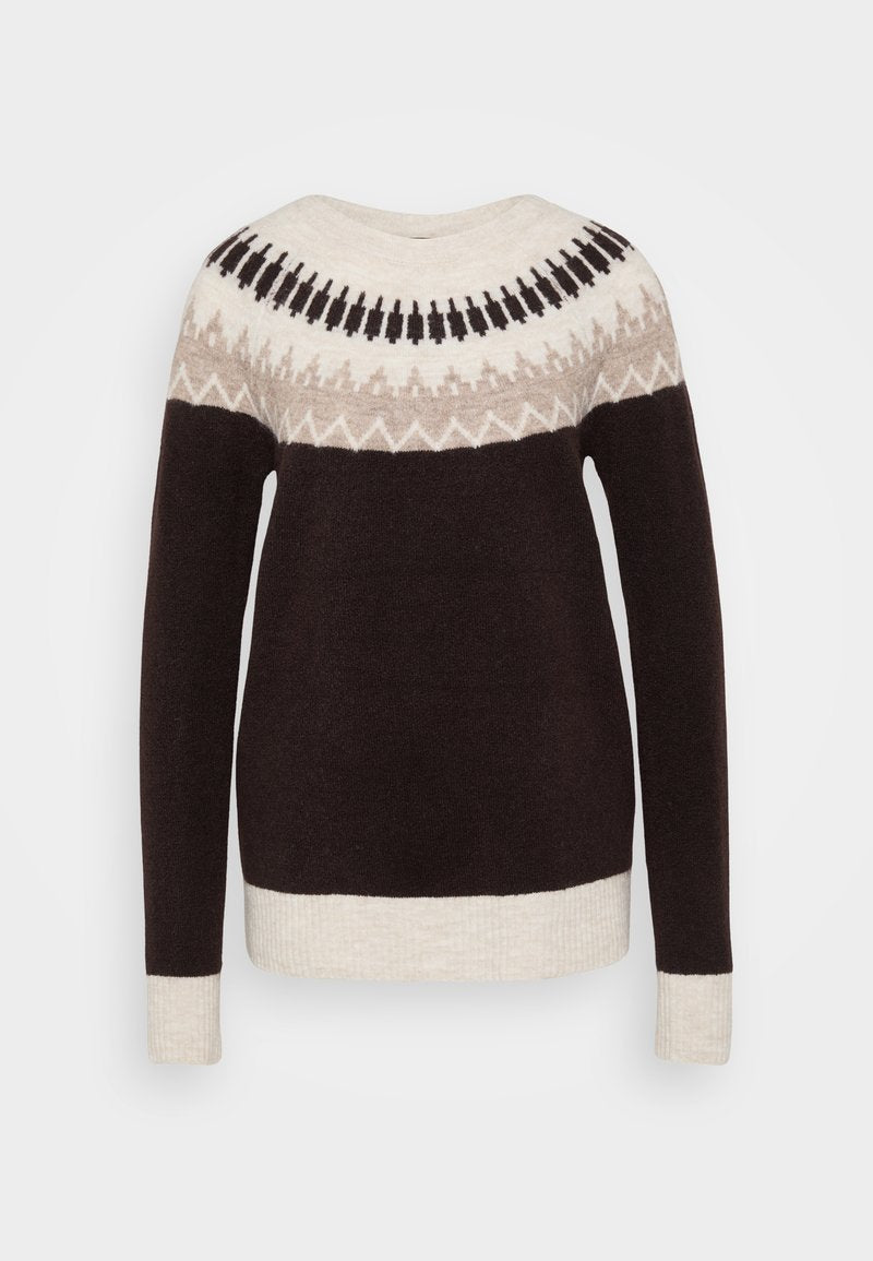 Strickpullover mit Rundpasse-Design in Beige, Schwarz und Creme. Dunkelbrauner Körper mit gerippten cremefarbenen Bündchen und Saum.