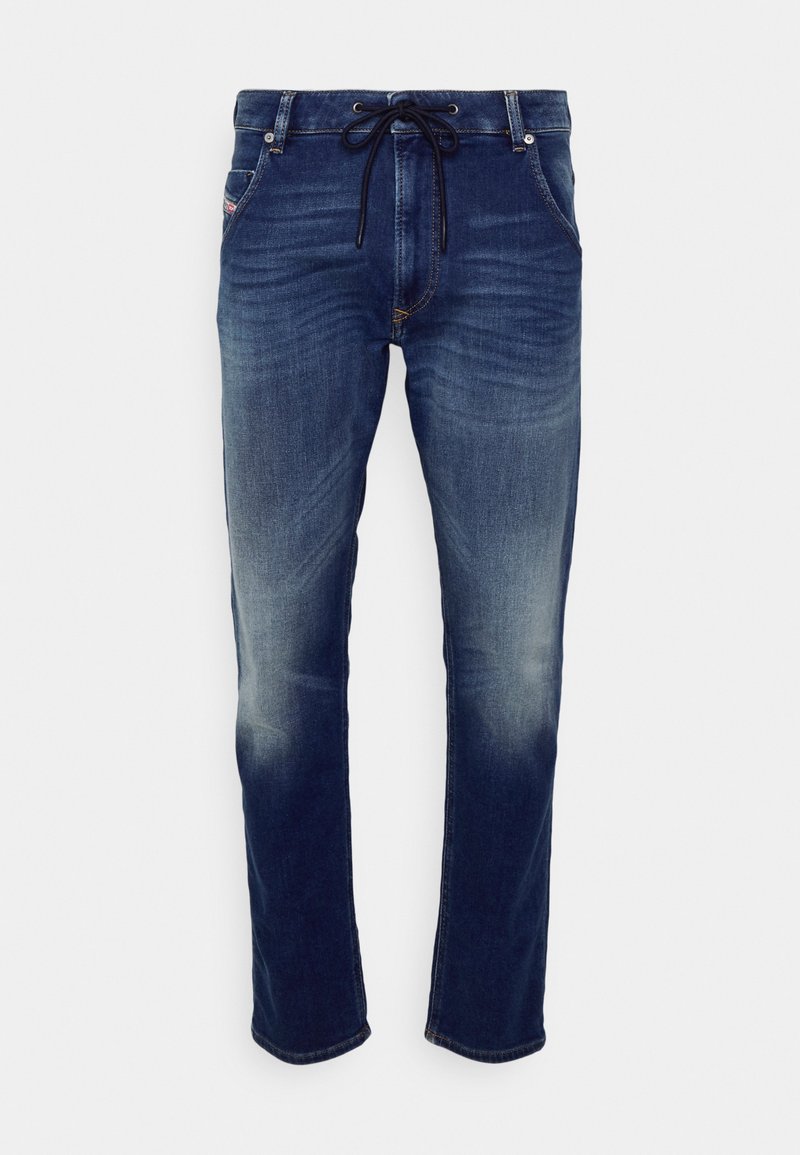 Denim-Jogginghosen, dunkelblau mit Kordelzugbund, schmal geschnittenem Bein, ausgeblichenem Vorderteil und dezenten Nähten an den Taschen.