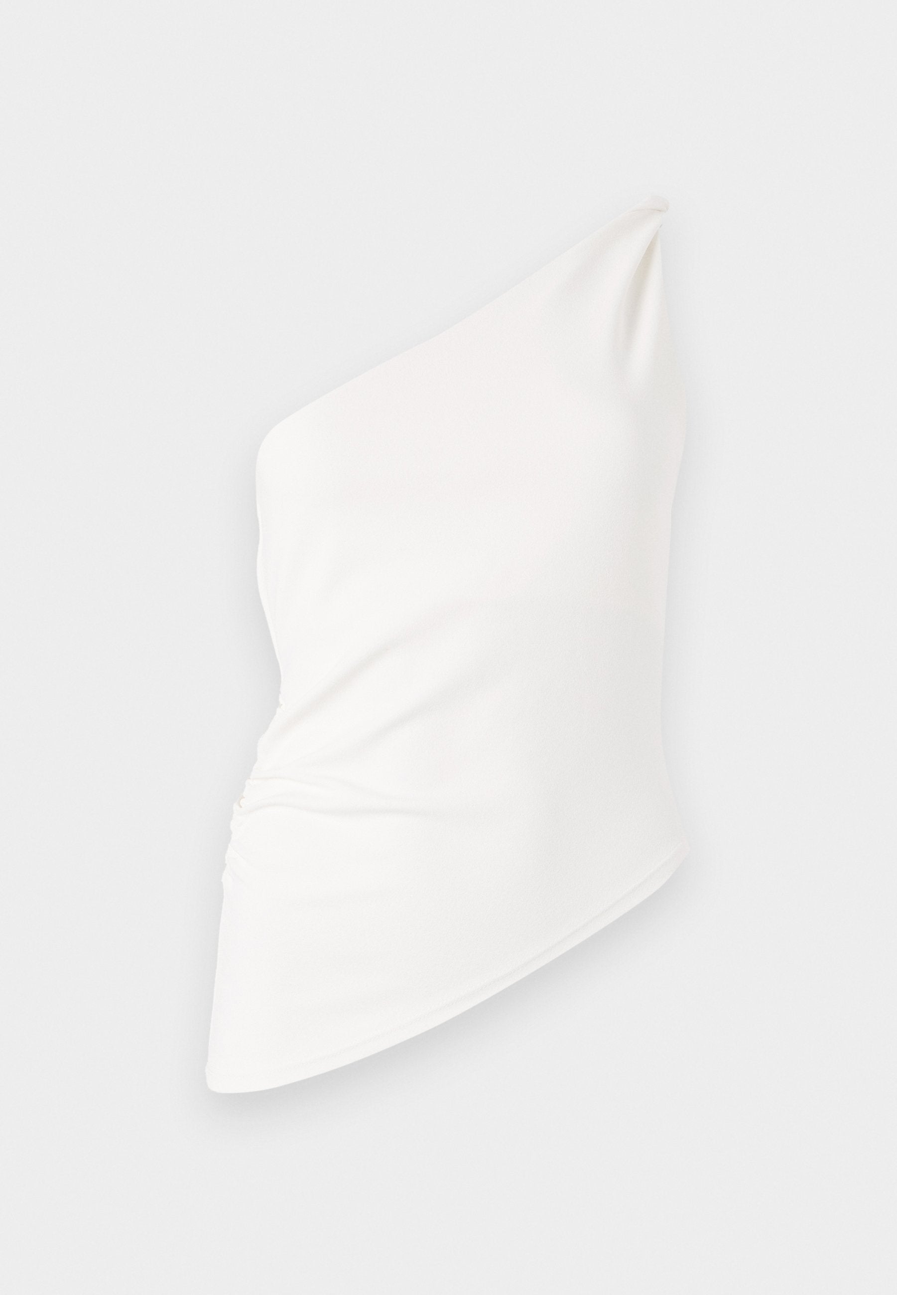Asymmetrisches weißes Top mit einseitigem Design, glatter Textur und gerafften Details an der Seite. Hergestellt aus leichtem, elastischem Stoff.