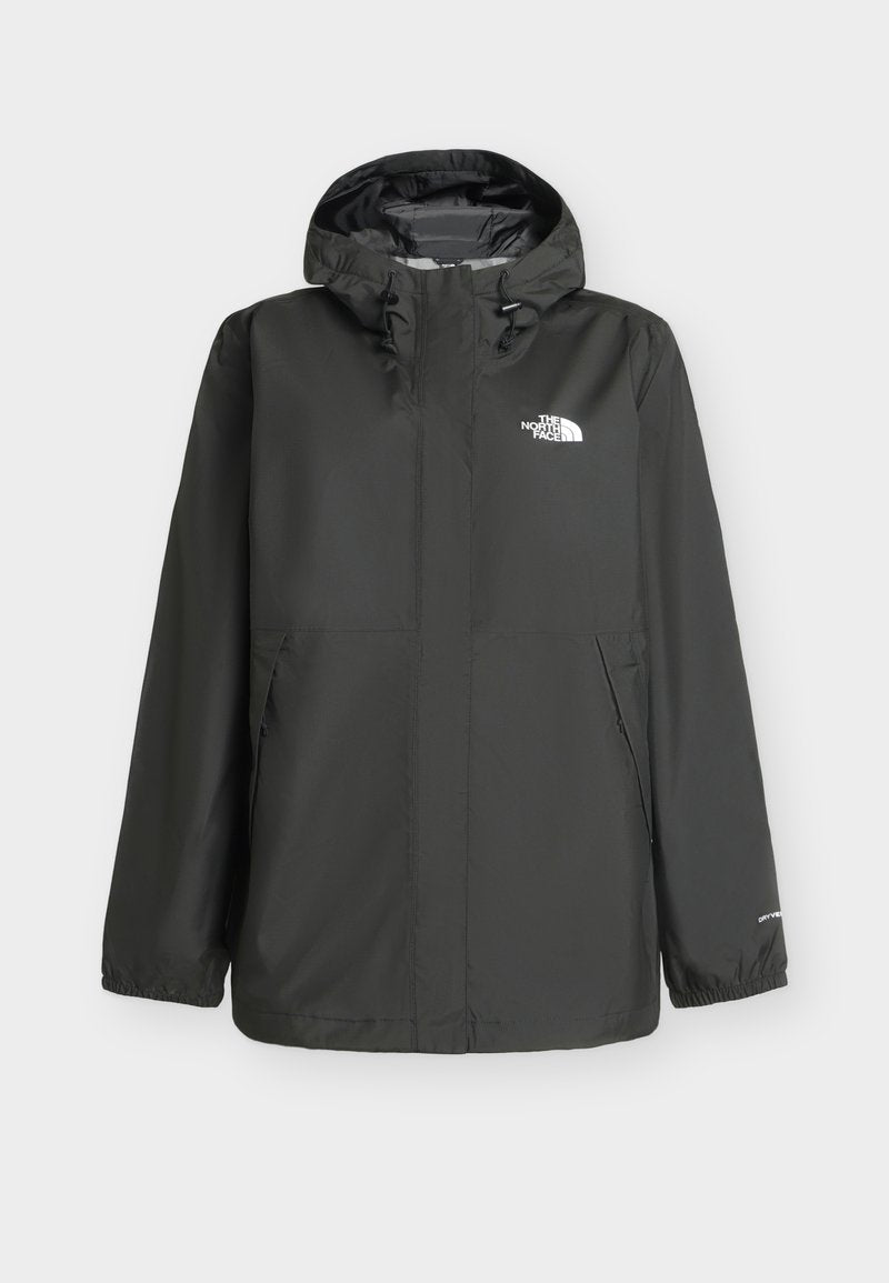 Schwarze wasserdichte Kapuzenjacke mit Frontreißverschluss und Taschen, elastischen Bündchen und The North Face-Logo auf Brust und Ärmel.