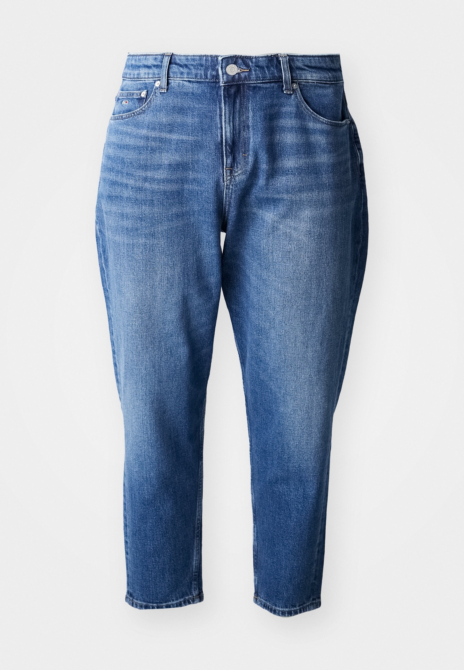 Blaue Jeans aus Denim mit geradem Bein, hoher Taille, dezentem Verblassen und zwei Fronttaschen. Metallknopf- und Reißverschlussdetails.