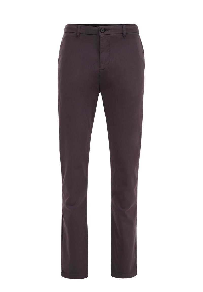 Dunkelgraue Baumwollhose im Slim-Fit-Schnitt, mit Knopfverschluss, Gürtelschlaufen und geraden Beinen. Glatte Textur, keine sichtbaren Muster.