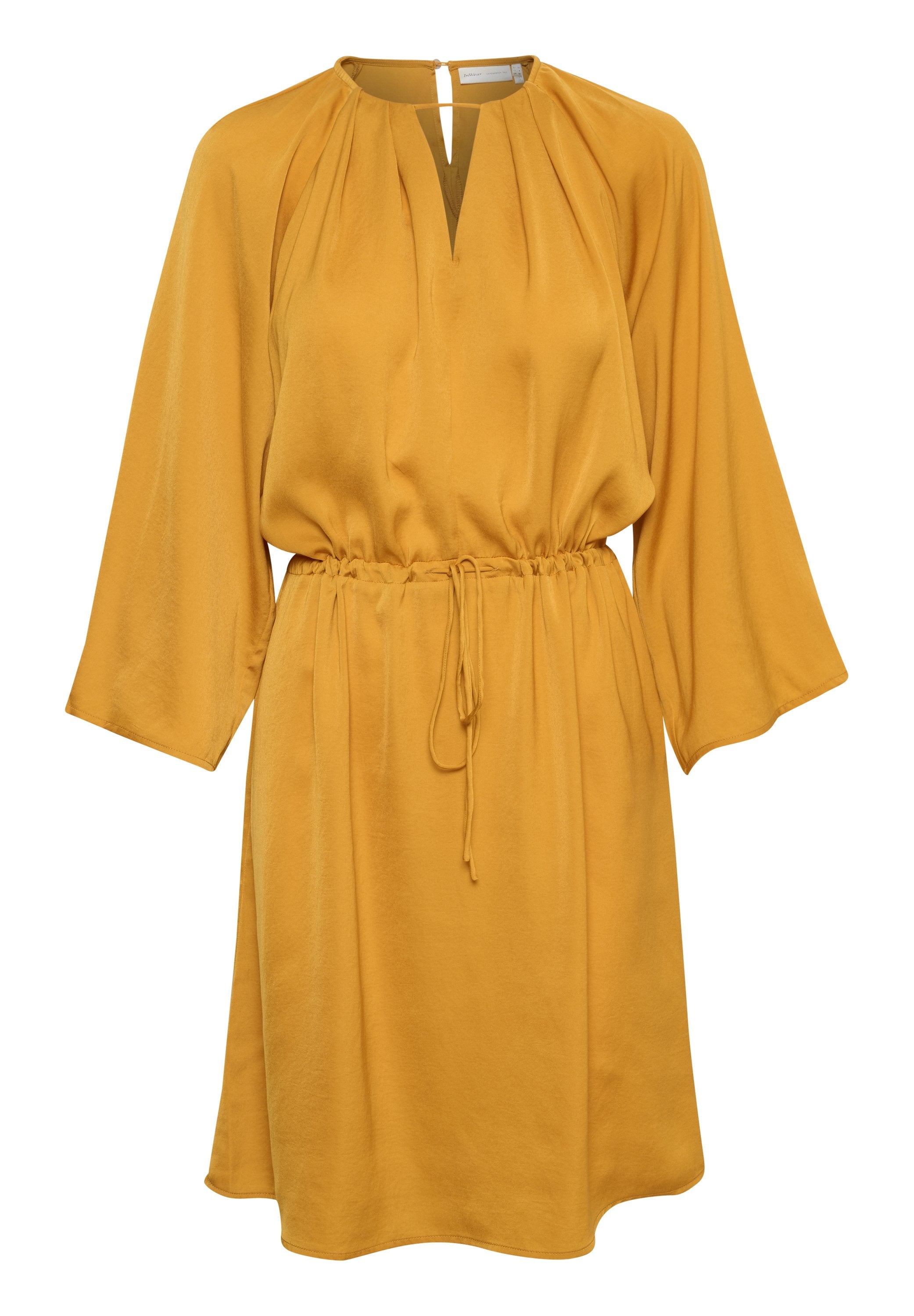 Senfgelbes Kleid aus glattem Stoff mit Schlüsselloch-Ausschnitt, Raffungen und einer Kordelzug-Taille. Mit weiten Ärmeln.