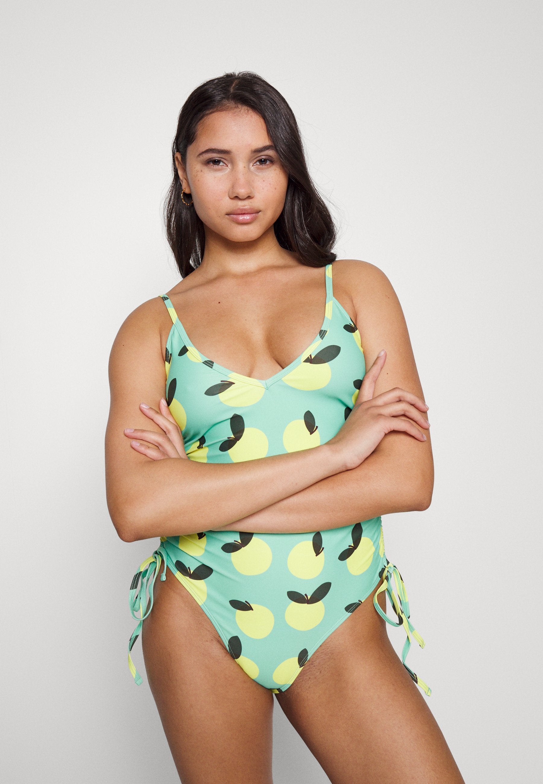 We Are We Wear NICOLA GATHERED SIDE PLUNGE SWIMSUIT IN LEMON PRINT