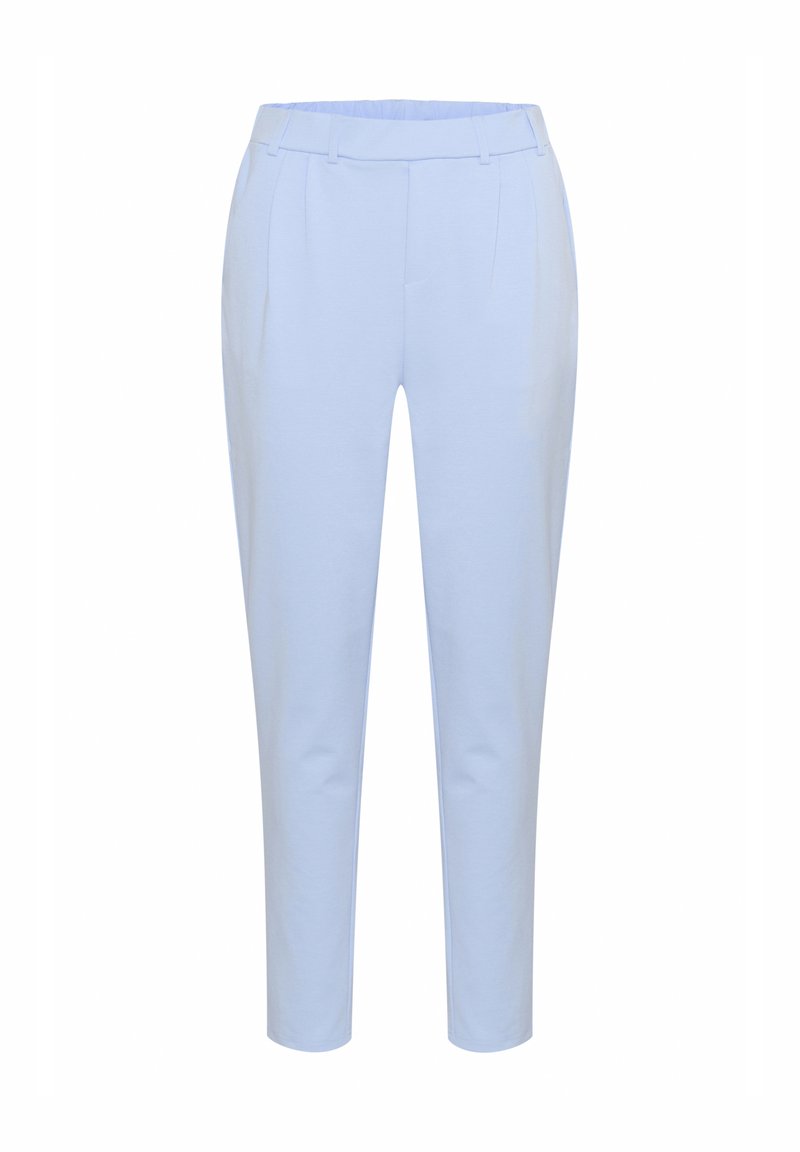 Helle blaue, maßgeschneiderte Hose mit glatter Textur, flachem Frontbereich, zwei Falten und schmal geschnittenem Bein.