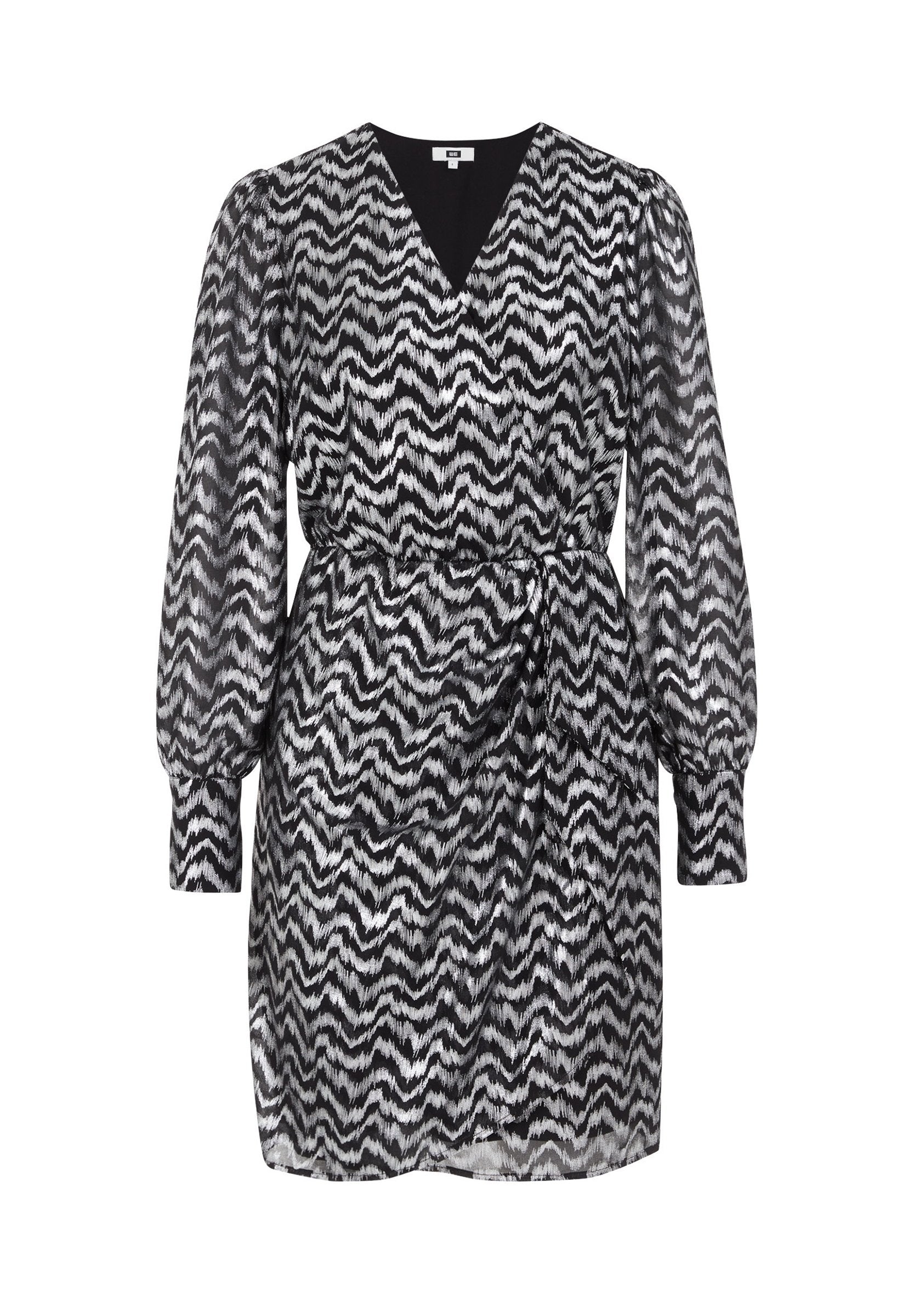 Schwarz-weißes Kleid mit Zickzackmuster, V-Ausschnitt, langen Puffärmeln, tailliertem Schnitt und seitlichem Bindeband. Aus leichtem Stoff gefertigt.