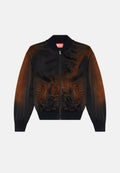 Schwarze Bomberjacke mit einem Farbverlauf in Brauntönen, satinierte Textur, gerippte Bündchen und Saum, mit Reißverschluss vorne und zwei Seitentaschen.