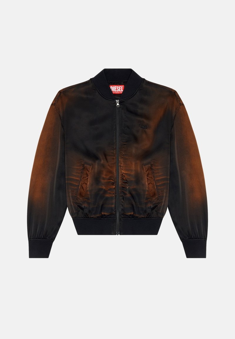 Schwarze Bomberjacke mit einem Farbverlauf in Brauntönen, satinierte Textur, gerippte Bündchen und Saum, mit Reißverschluss vorne und zwei Seitentaschen.