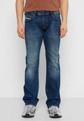 Dunkelblaue Jeans mit geradem Schnitt, leichter Ausbleichung an den Oberschenkeln und Kontrastnähten. Verfügt über Seiten- und Gesäßtaschen.