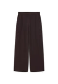 Dunkelbraune weite Hosen aus leichtem Stoff, mit hoher Taille, Falten und zwei Seitentaschen, sowie einem elastischen Bund.