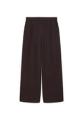 Dunkelbraune weite Hosen aus leichtem Stoff, mit hoher Taille, Falten und zwei Seitentaschen, sowie einem elastischen Bund.