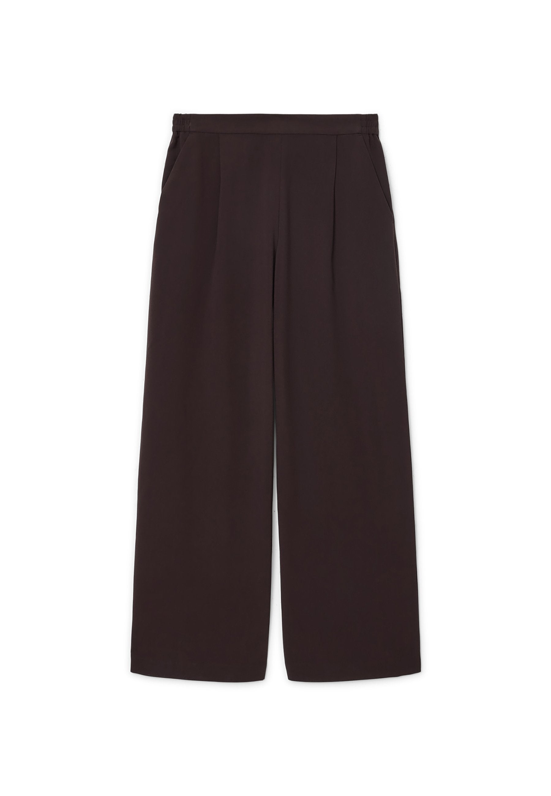 Dunkelbraune weite Hosen aus leichtem Stoff, mit hoher Taille, Falten und zwei Seitentaschen, sowie einem elastischen Bund.