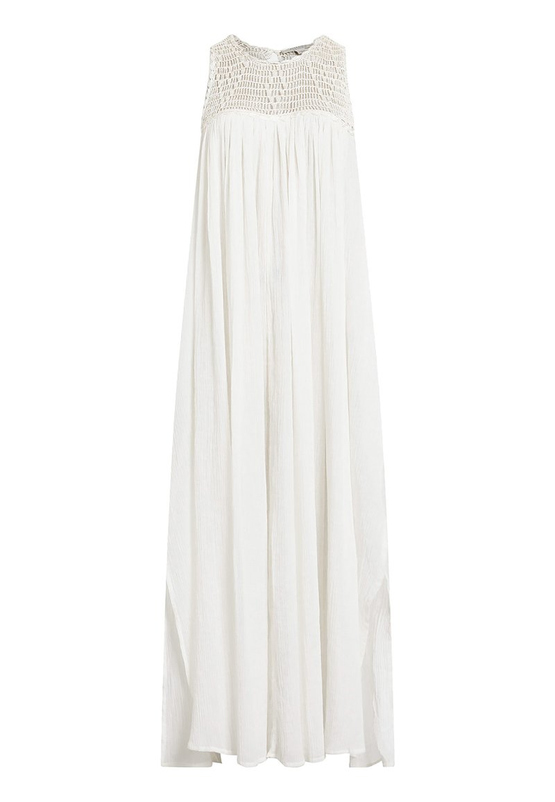 Weißes Maxikleid mit strukturierter gehäkelter Halslinie, plissiertem Stoff, ärmellosem Design und fließender Silhouette. Weiches, leichtes Material.