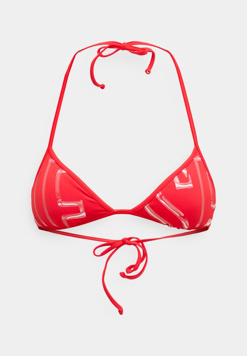 Roter, dreieckiger Bikini-Oberteil mit transparenten Akzenten, verstellbaren Bändern am Hals und am Rücken, glatte Textur und auffälliges Design.