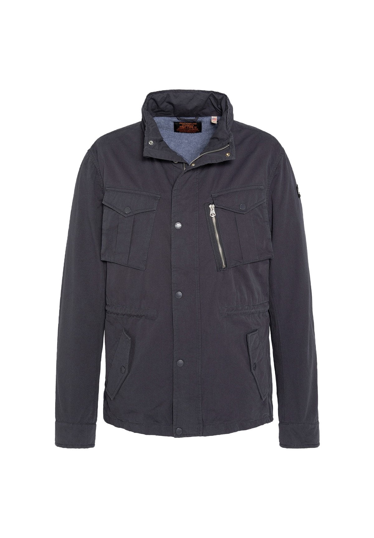 Dunkelblaues Jacket aus glattem Stoff, mit hohem Kragen, mehreren Taschen, einem Vorderreißverschluss und Knopfverschluss.