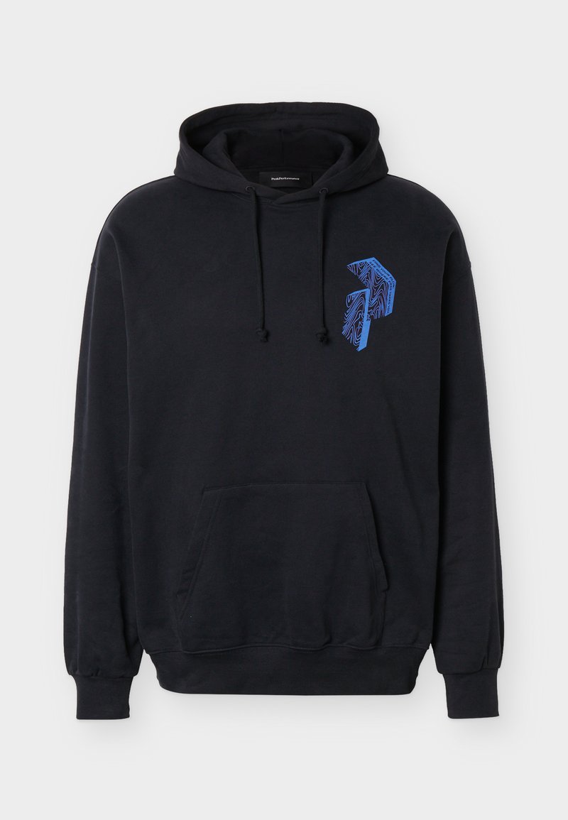 Schwarzer Kapuzenpullover mit Fronttasche und blauem abstraktem Muster auf der linken Brust. Kordelzug an der Kapuze. Einfacher, lässiger Stil.