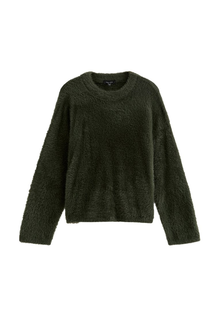 Dunkelgrüner, langärmeliger, flauschiger Pullover mit Rundhalsausschnitt, lockerer Passform und weicher Textur.
