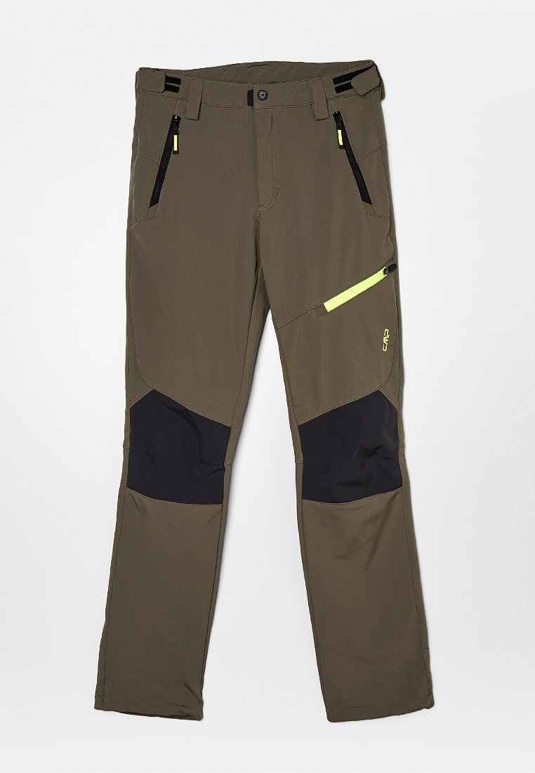 Khakifarbene Outdoor-Hose mit schwarzen Akzenten, Reißverschlusstaschen, verstärkten Kniepaneelen und einer strukturierten Oberfläche. Enthält reflektierende gelbe Details.