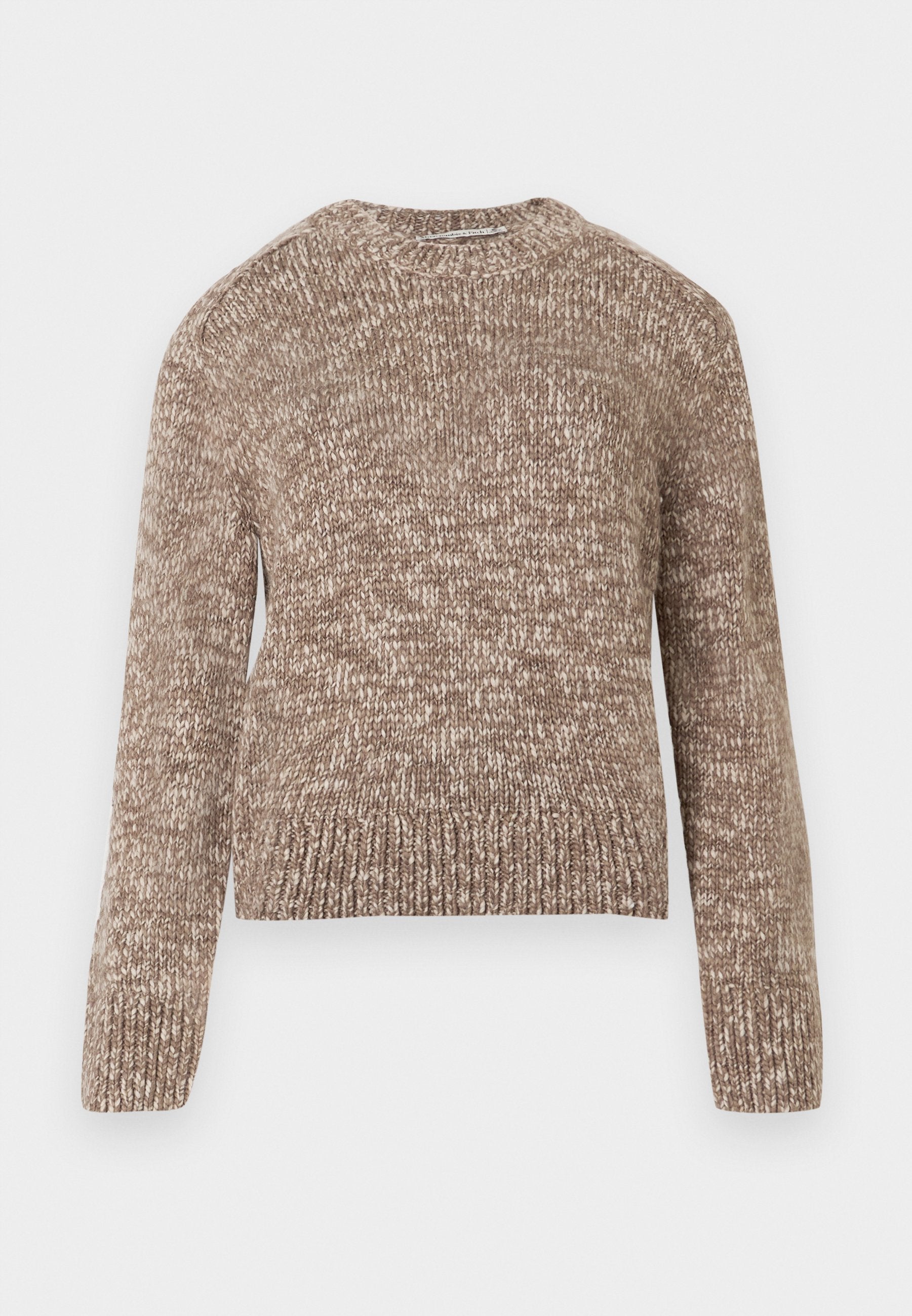 Brauner gestrickter Pullover mit strukturiertem Muster, rundem Ausschnitt und langen Ärmeln. Gerippter Saum und Bündchen. Weicher, grober Stoff.