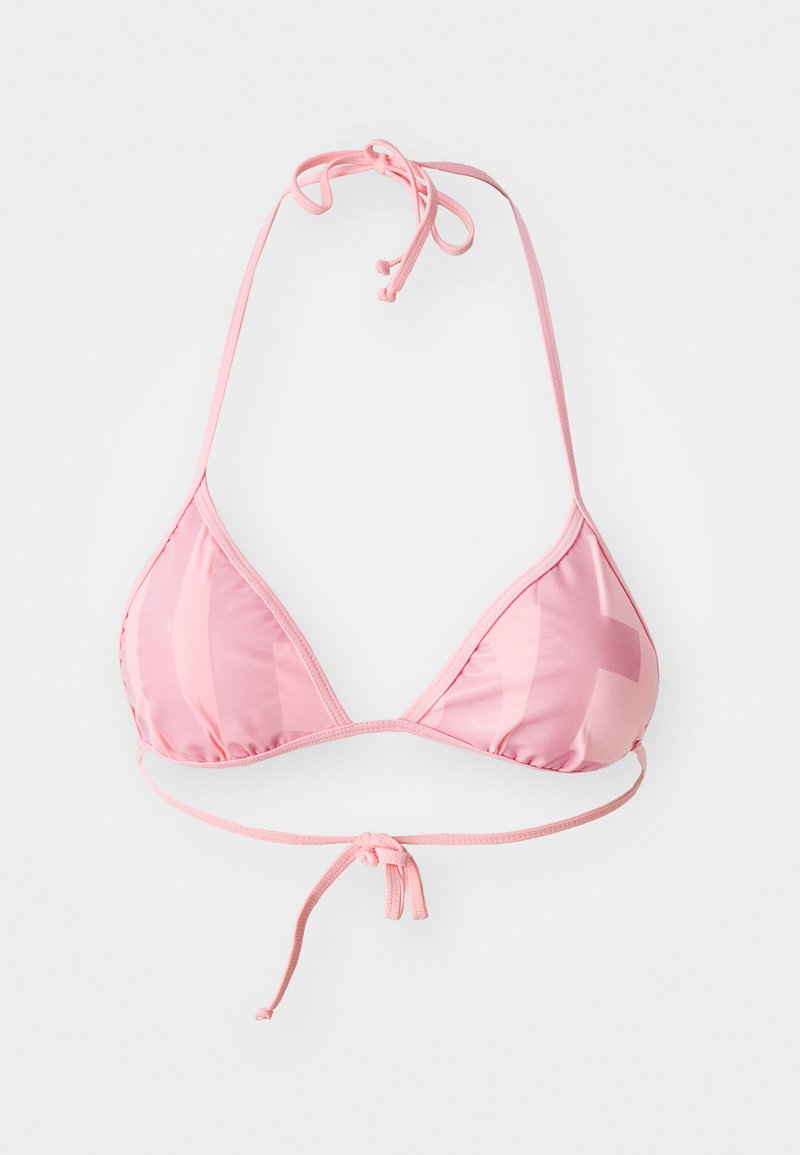 Rosa Bikini-Oberteil mit dreieckigem Design, aus glattem, dehnbarem Stoff. Verfügt über dünne Bänder zur Anpassung und hat einen leichten Glanz.
