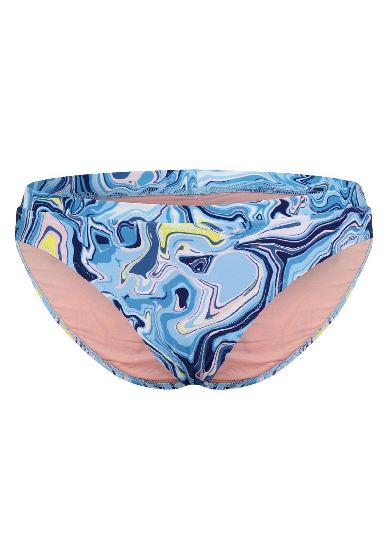 Schwimmslips mit einem marmorierten Muster in Blau, Pink und Gelb. Hergestellt aus dehnbarem Stoff mit kontrastierenden pinken Akzenten an den Seiten.