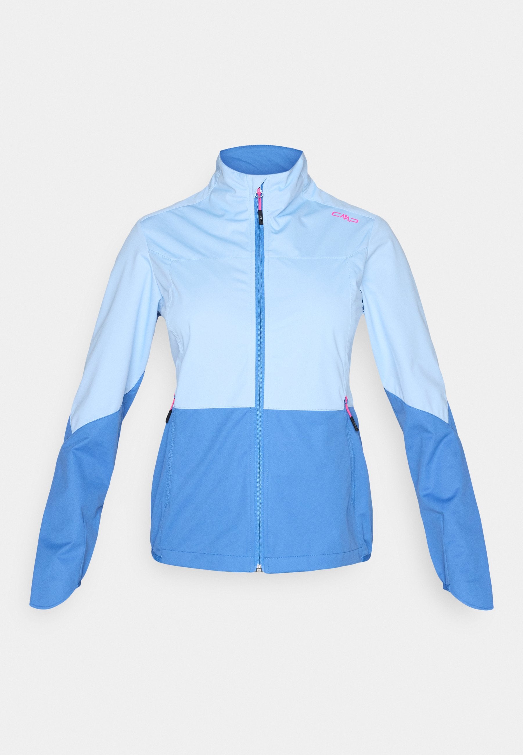 Hellblaue und blaue Damenjacke mit Reißverschluss, hohem Kragen, Seitentaschen und CMP-Logo auf der oberen Brust.