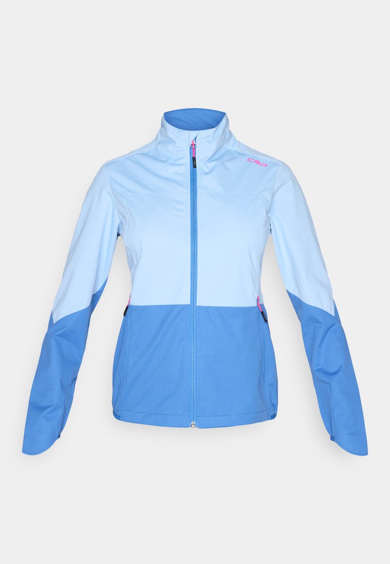 Hellblaue und blaue Damenjacke mit Reißverschluss, hohem Kragen, Seitentaschen und CMP-Logo auf der oberen Brust.