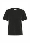 Schwarzes T-Shirt mit kurzen Ärmeln, aus einem glitzernden Stoff gefertigt. Verfügt über einen runden Ausschnitt und eine lockere Passform. Glatte Textur mit dezentem Schimmer.