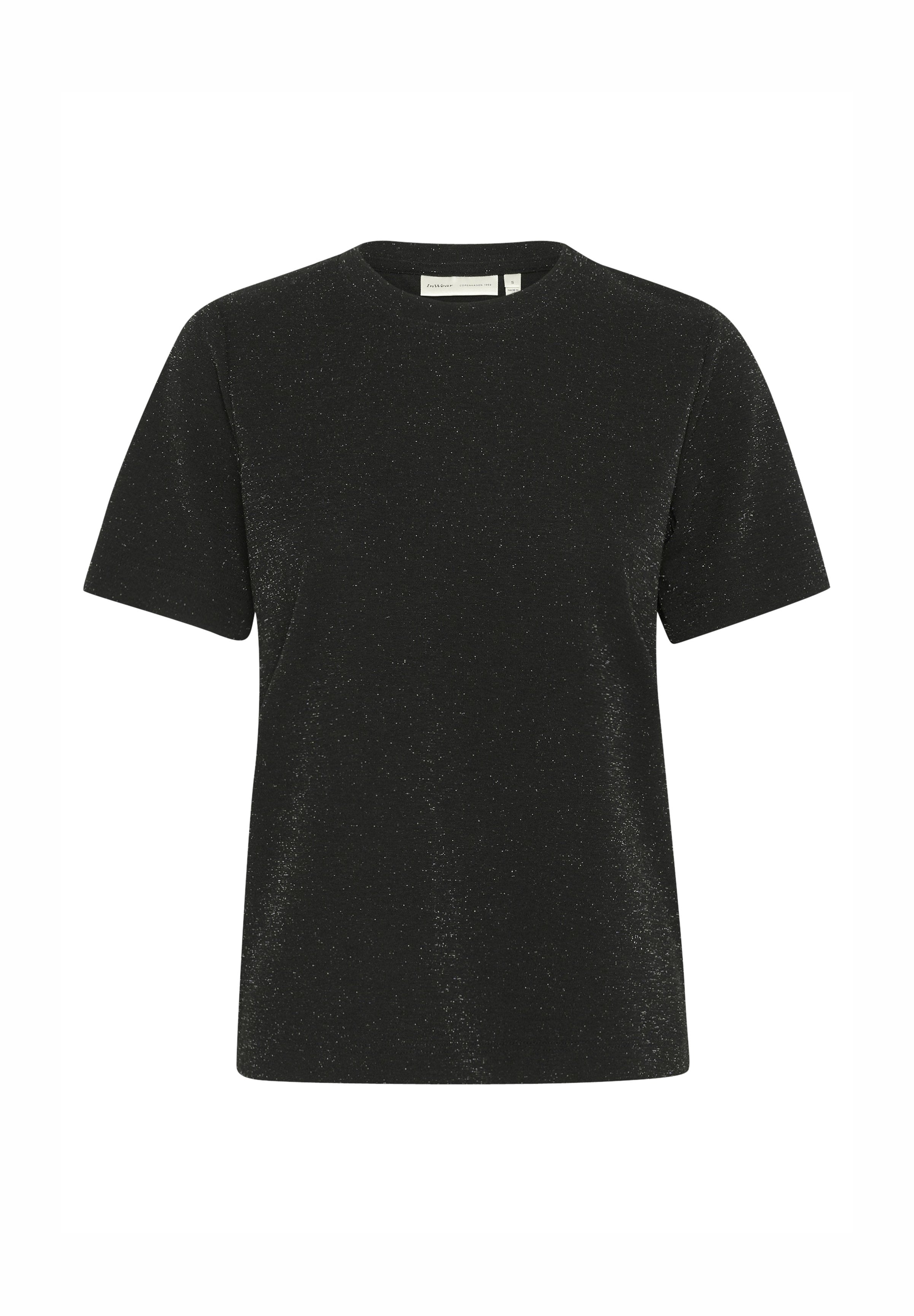 Schwarzes T-Shirt mit kurzen Ärmeln, aus einem glitzernden Stoff gefertigt. Verfügt über einen runden Ausschnitt und eine lockere Passform. Glatte Textur mit dezentem Schimmer.