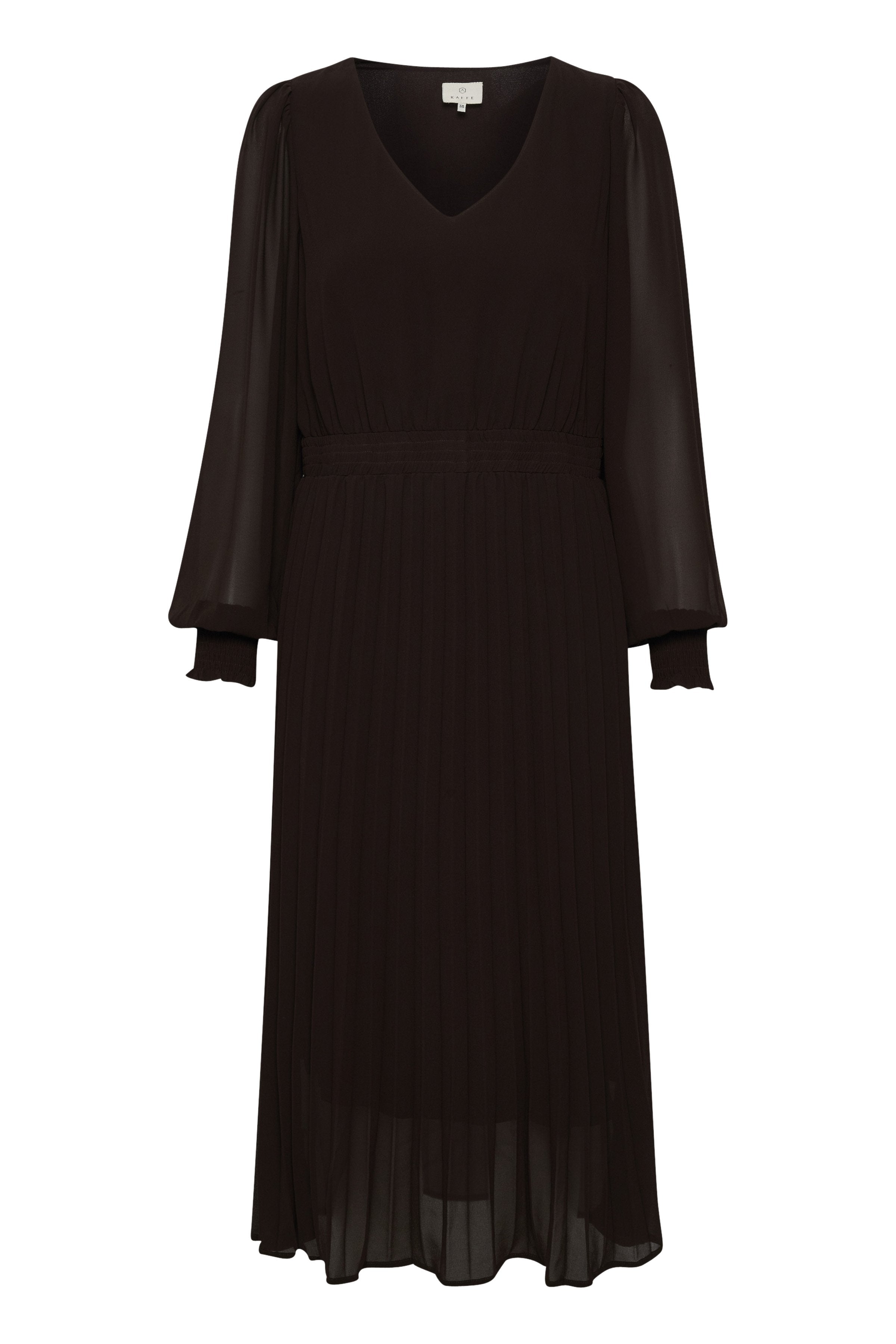 Schwarzes gefältetes Kleid mit V-Ausschnitt, langen durchsichtigen Ärmeln und betontem Taillenbereich. Der Stoff ist leicht und hat einen dezenten Glanz.